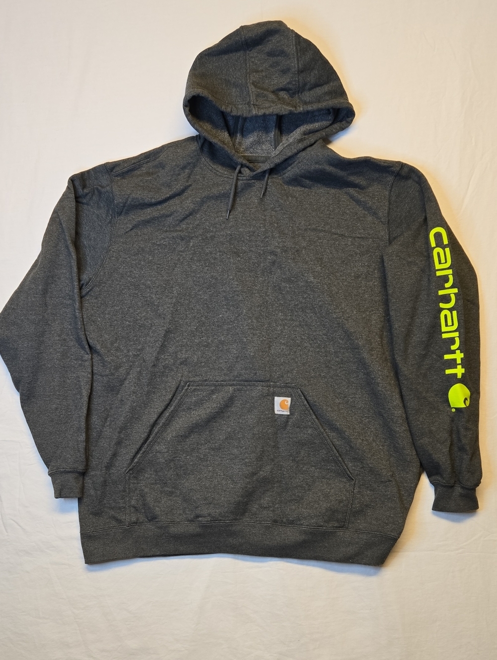 Carhartt Charcoal Gray Hoodie Sweater with Neon Yellow Sleeve Logo